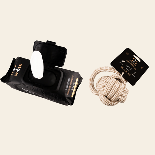 Play & Clean bundle: Wag & Walk dog wipes pack and knotted rope toy