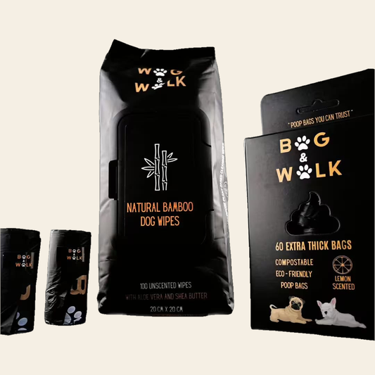 Walk & Clean bundle: Wag & Walk dog wipes pack and box of poo bags
